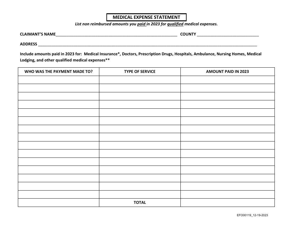 Form EFO00119 Medical Expense Statement - Idaho, Page 1
