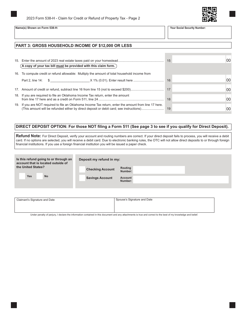 Form 538-H Claim for Credit or Refund of Property Tax - Oklahoma, Page 2