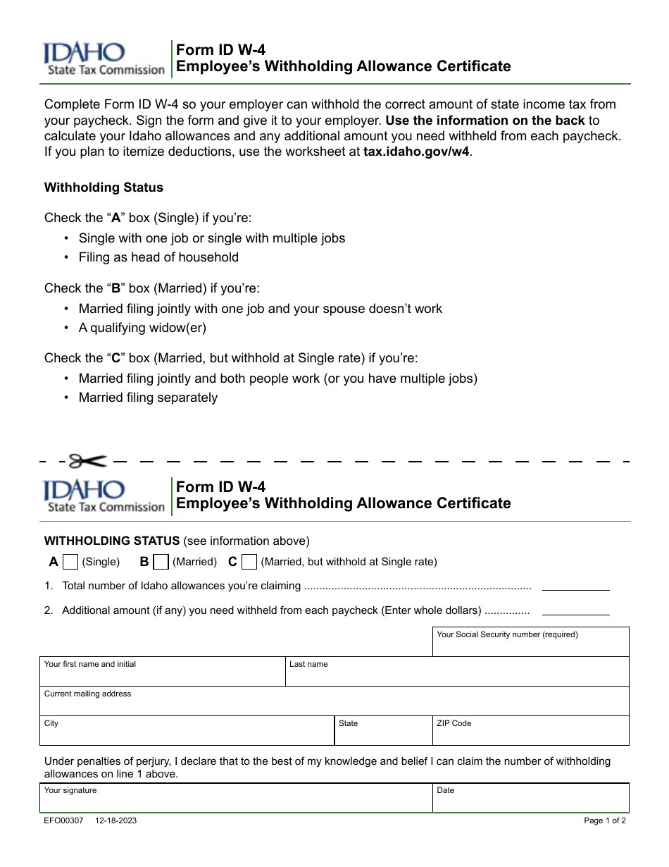 Form ID W-4 (EFO00307) Employees Withholding Allowance Certificate - Idaho, Page 1