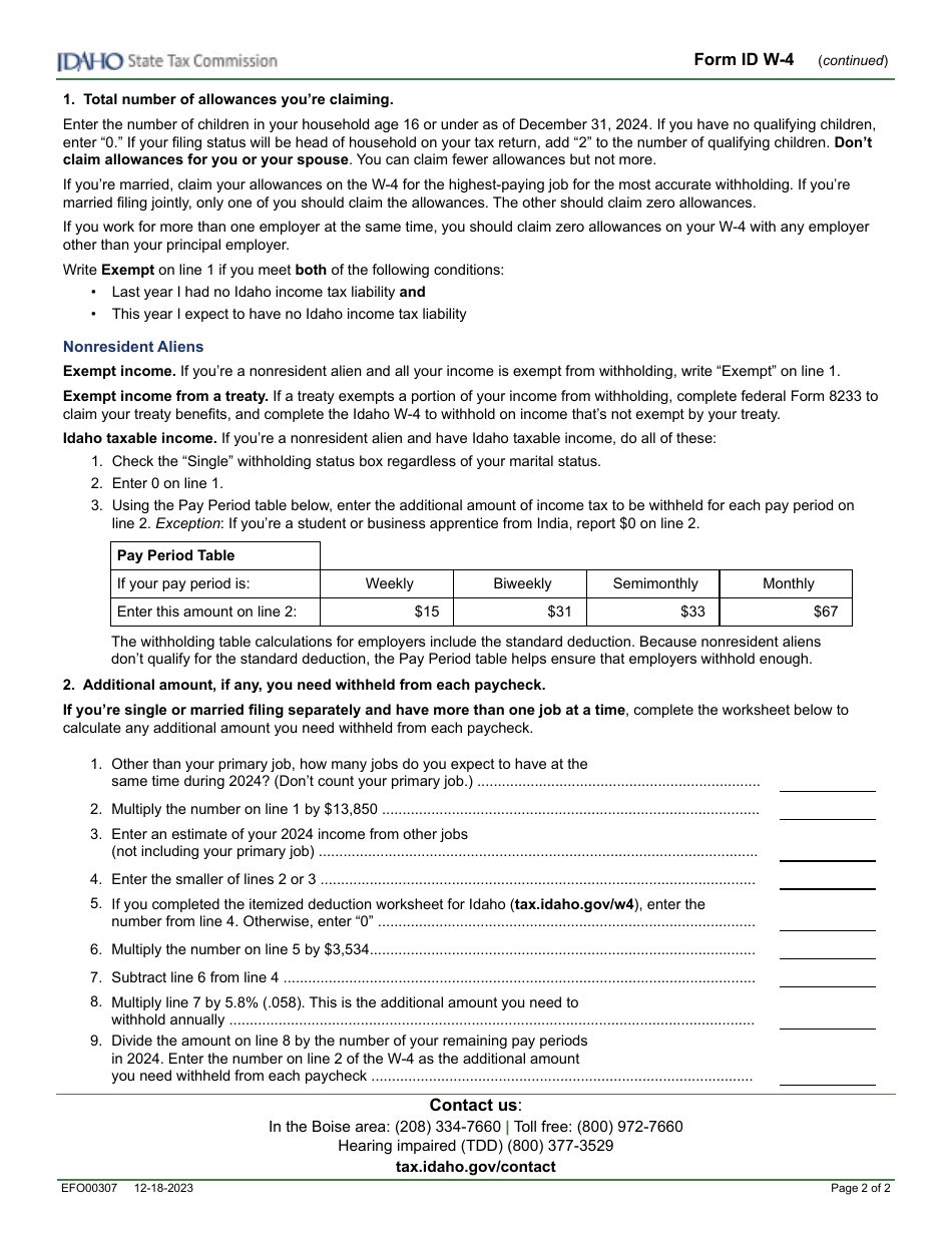 Form ID W-4 (EFO00307) Employees Withholding Allowance Certificate - Idaho, Page 2