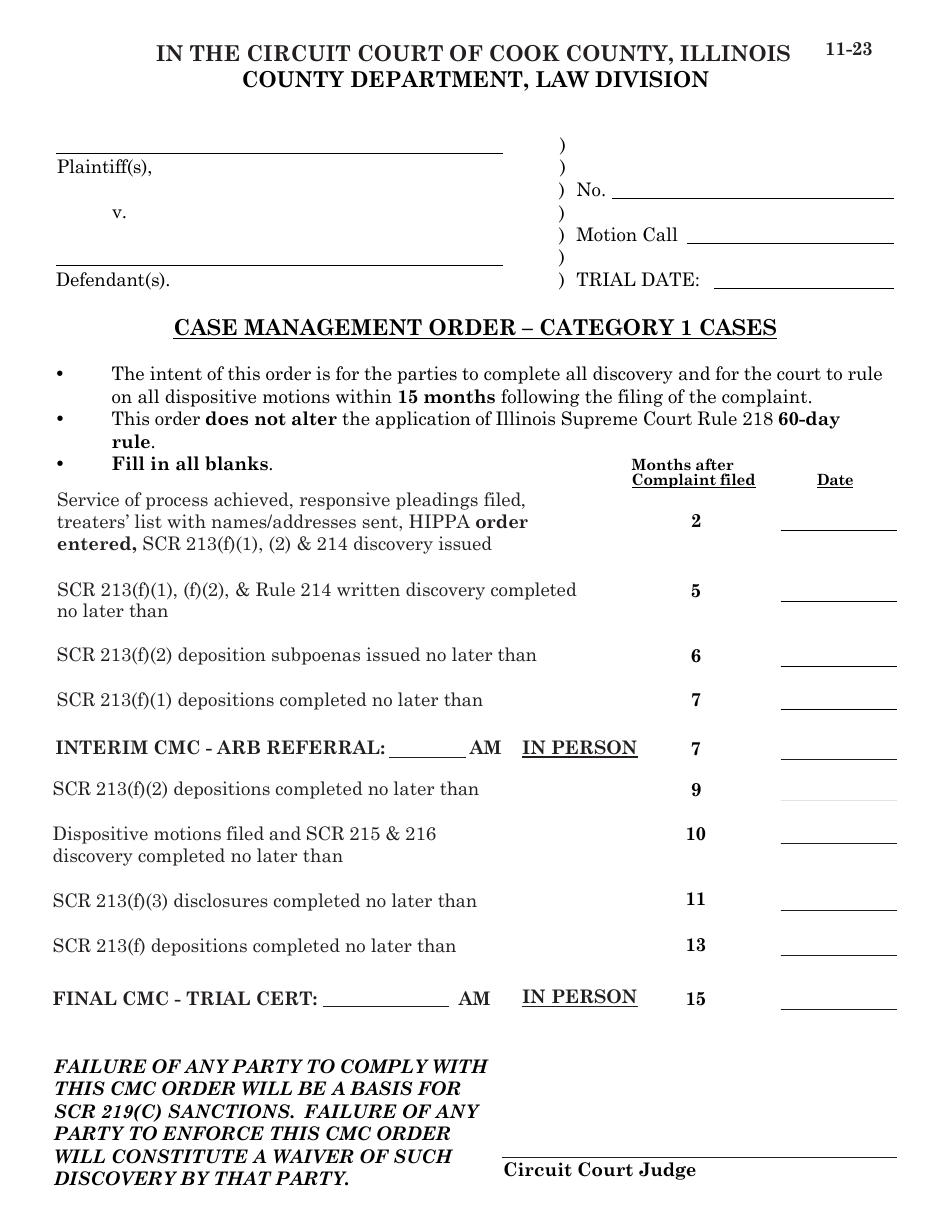 Case Management Order - Category 1 Cases - Cook County, Illinois, Page 1