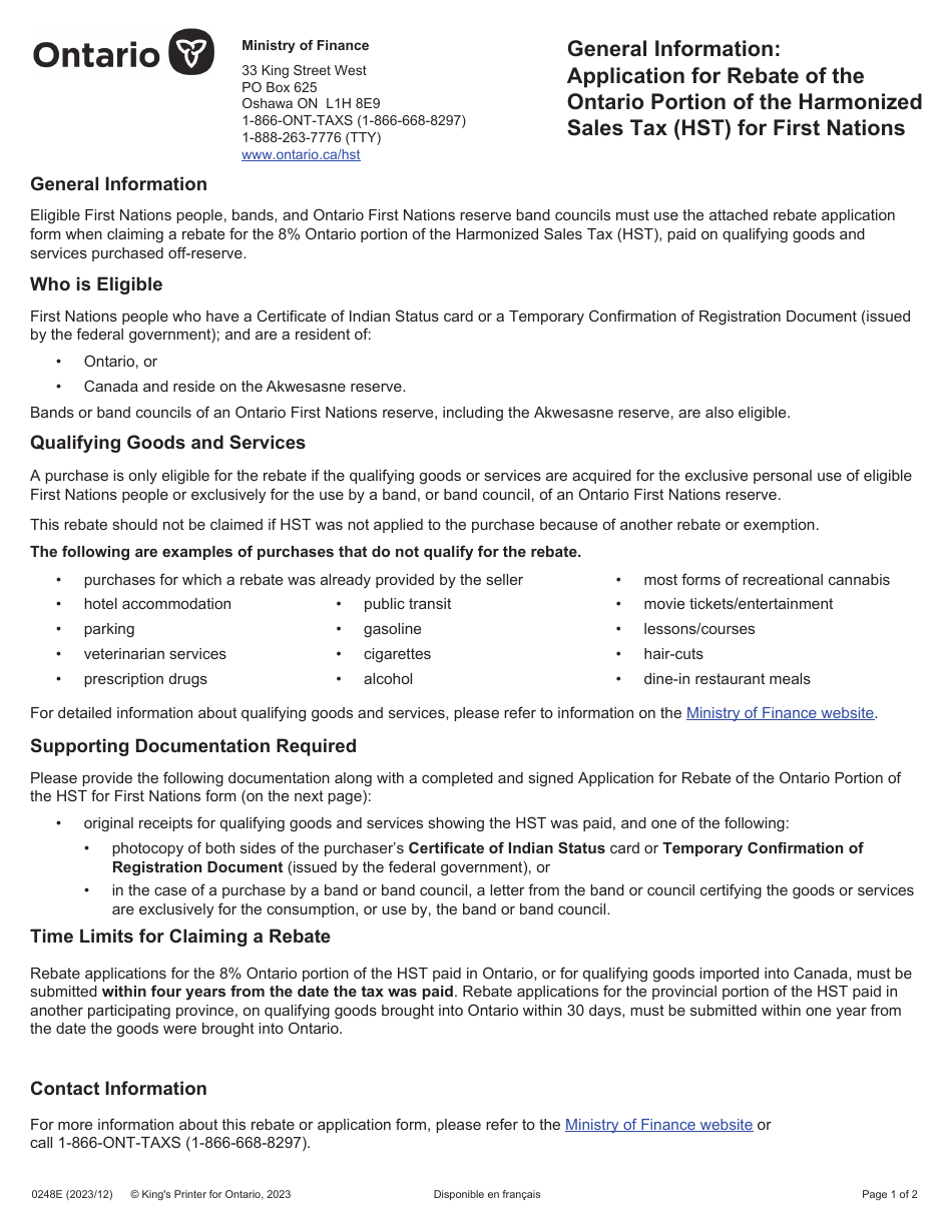 Form 0248E Download Fillable PDF Or Fill Online Application For Rebate   Form 0248e Application For Rebate Of The Ontario Portion Of The Harmonized Sales Tax Hst For First Nations Ontario Canada Print Big 