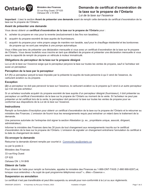 Forme ON00530F Demande De Certificat D'exoneration De La Taxe Sur Le Propane De L'ontario - Ontario, Canada (French)