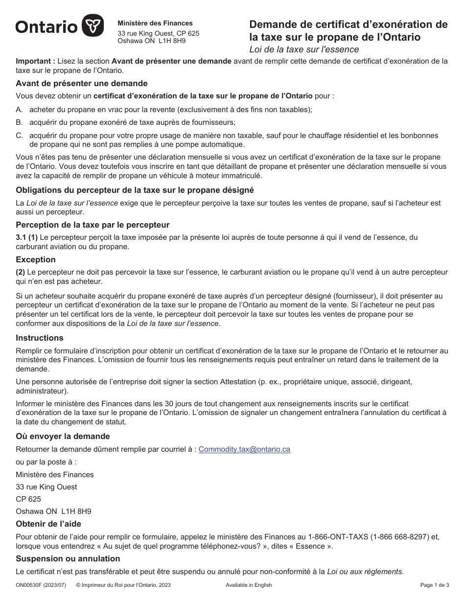 Forme ON00530F Demande De Certificat Dexoneration De La Taxe Sur Le Propane De Lontario - Ontario, Canada (French), Page 1
