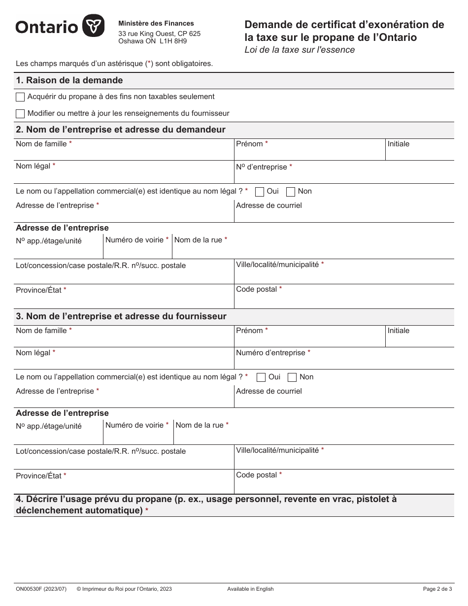 Forme ON00530F Demande De Certificat Dexoneration De La Taxe Sur Le Propane De Lontario - Ontario, Canada (French), Page 2