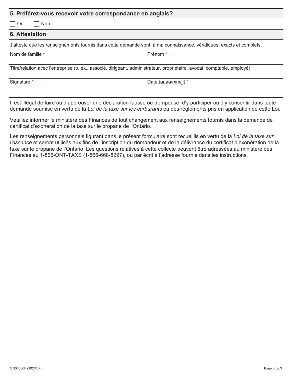 Forme ON00530F Demande De Certificat Dexoneration De La Taxe Sur Le Propane De Lontario - Ontario, Canada (French), Page 3