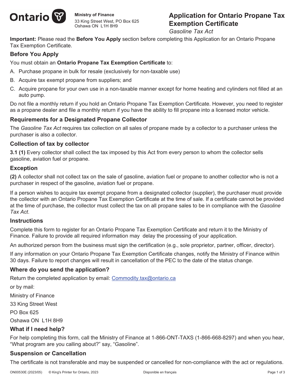 Form ON00530E Application for Ontario Propane Tax Exemption Certificate - Ontario, Canada, Page 1