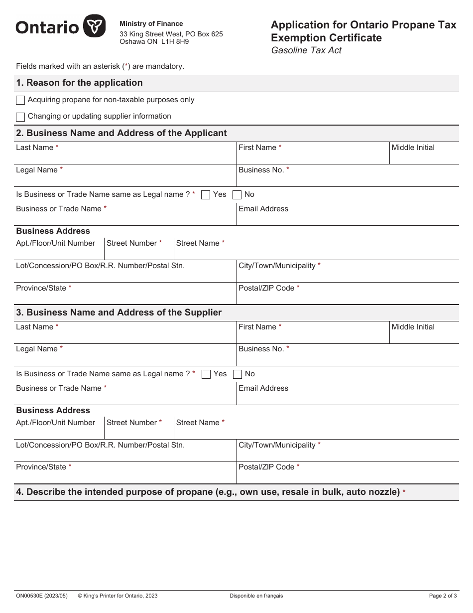 Form ON00530E Application for Ontario Propane Tax Exemption Certificate - Ontario, Canada, Page 2
