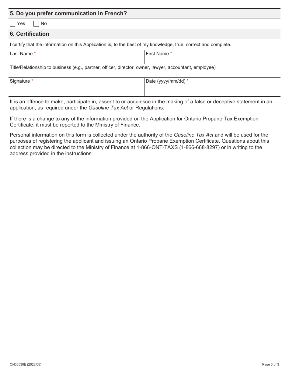 Form ON00530E Application for Ontario Propane Tax Exemption Certificate - Ontario, Canada, Page 3