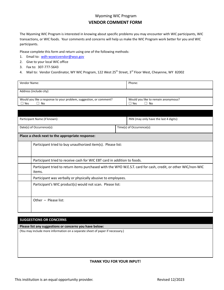 Vendor Comment Form - Wyoming Wic Program - Wyoming, Page 1