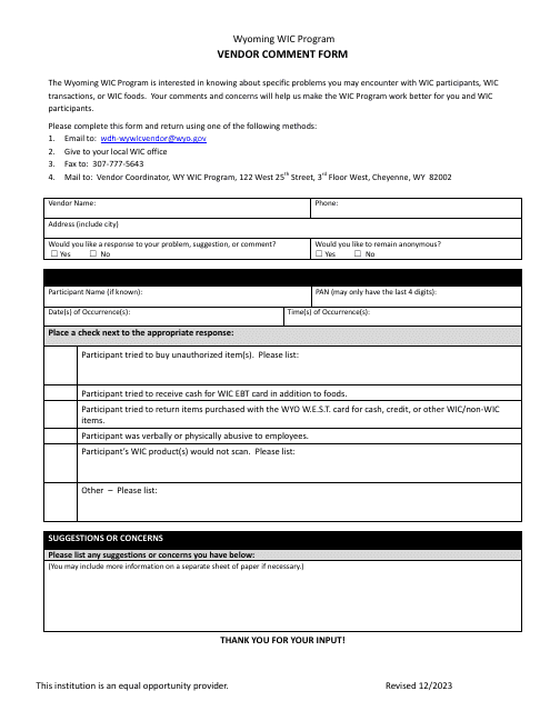 Vendor Comment Form - Wyoming Wic Program - Wyoming Download Pdf