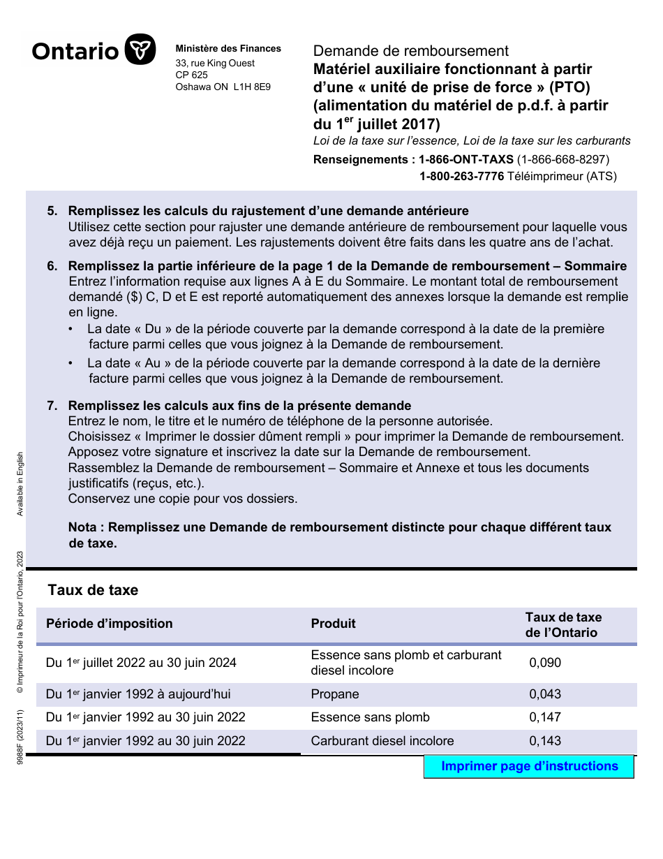 Forme 9988F Demande De Remboursement Materiel Auxiliaire Fonctionnant a Partir Dune unite De Prise De Force (Pto) (Alimentation Du Materiel De P.d.f. a Partir Du 1er Juillet 2017) - Ontario, Canada (French), Page 2
