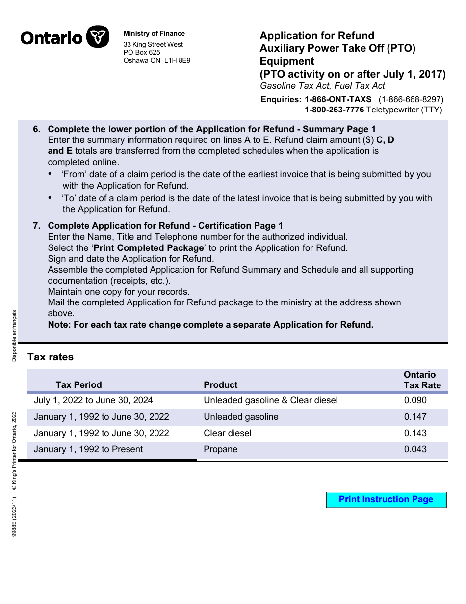 Form 9988E Application for Refund Auxiliary Power Take off (Pto) Equipment (Pto Activity on or After July 1, 2017) - Ontario, Canada, Page 2
