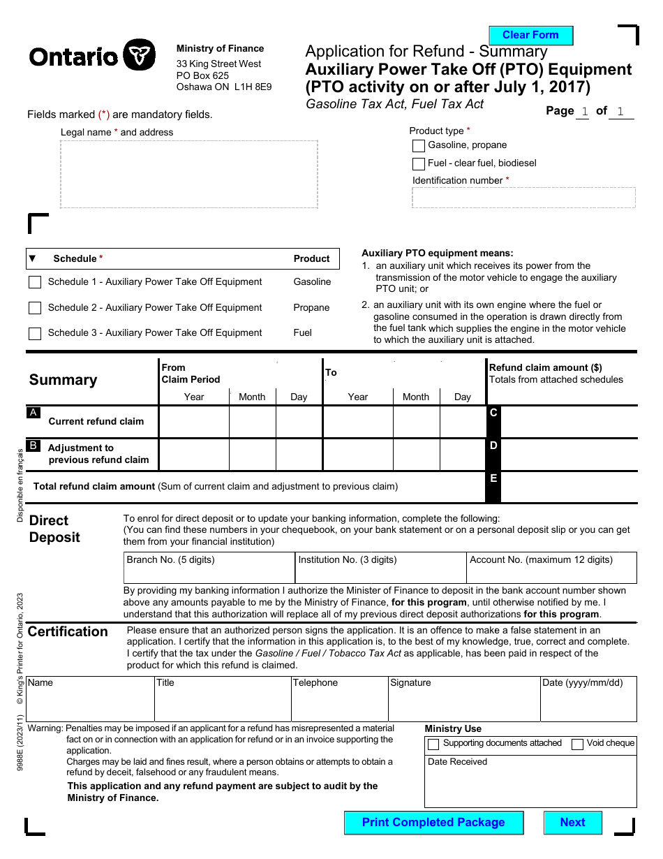 Form 9988E Application for Refund Auxiliary Power Take off (Pto) Equipment (Pto Activity on or After July 1, 2017) - Ontario, Canada, Page 3