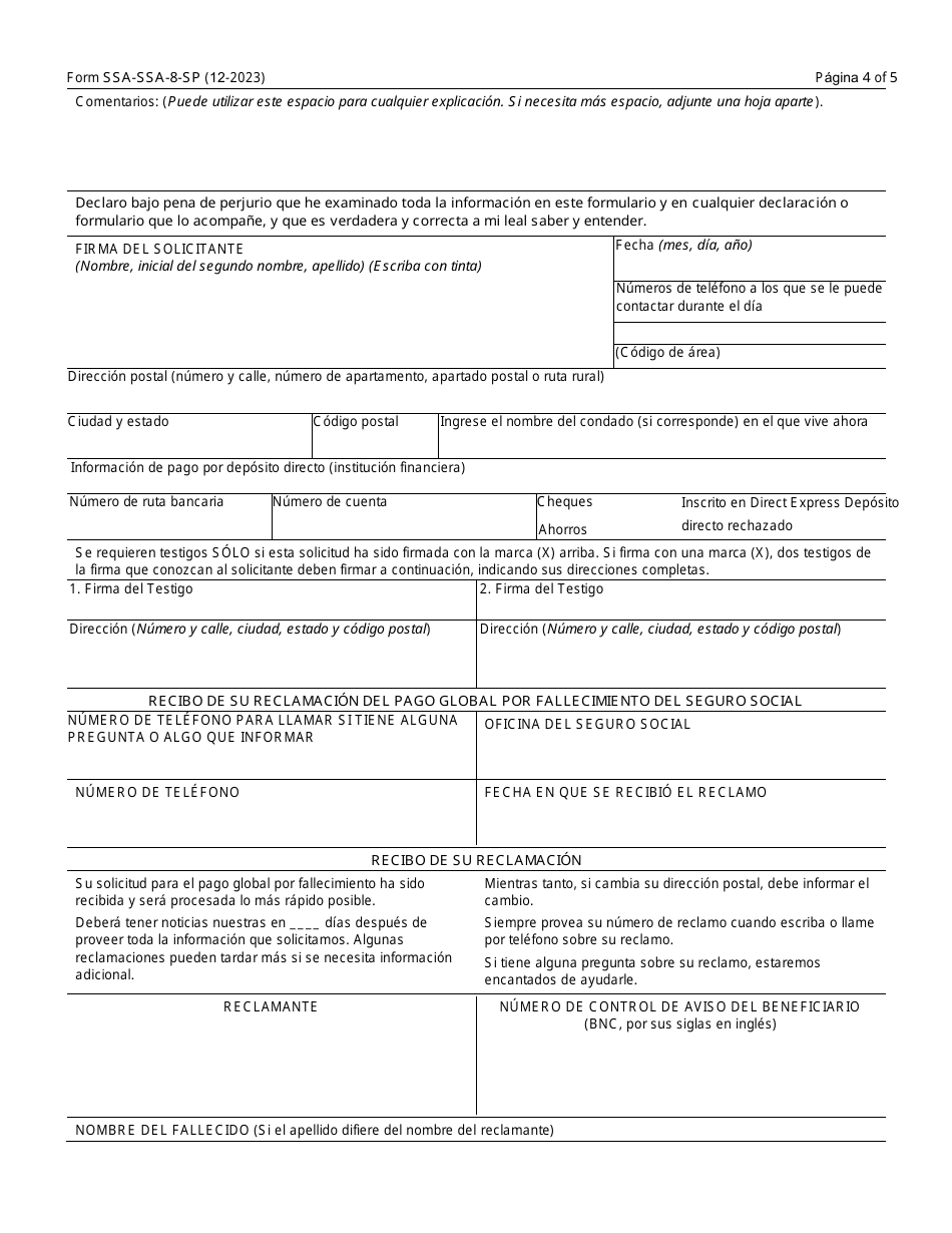Formulario SSA-8-SP Solicitud Del Pago Global Por Fallecimiento (Spanish), Page 4