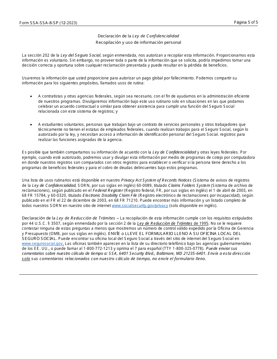 Formulario SSA-8-SP Solicitud Del Pago Global Por Fallecimiento (Spanish), Page 5