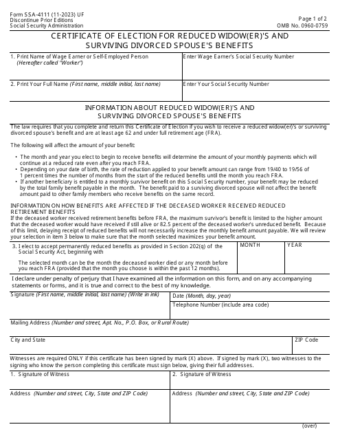 Form SSA-4111 Certificate of Election for Reduced Widow(Er)'s and Surviving Divorced Spouse's Benefits