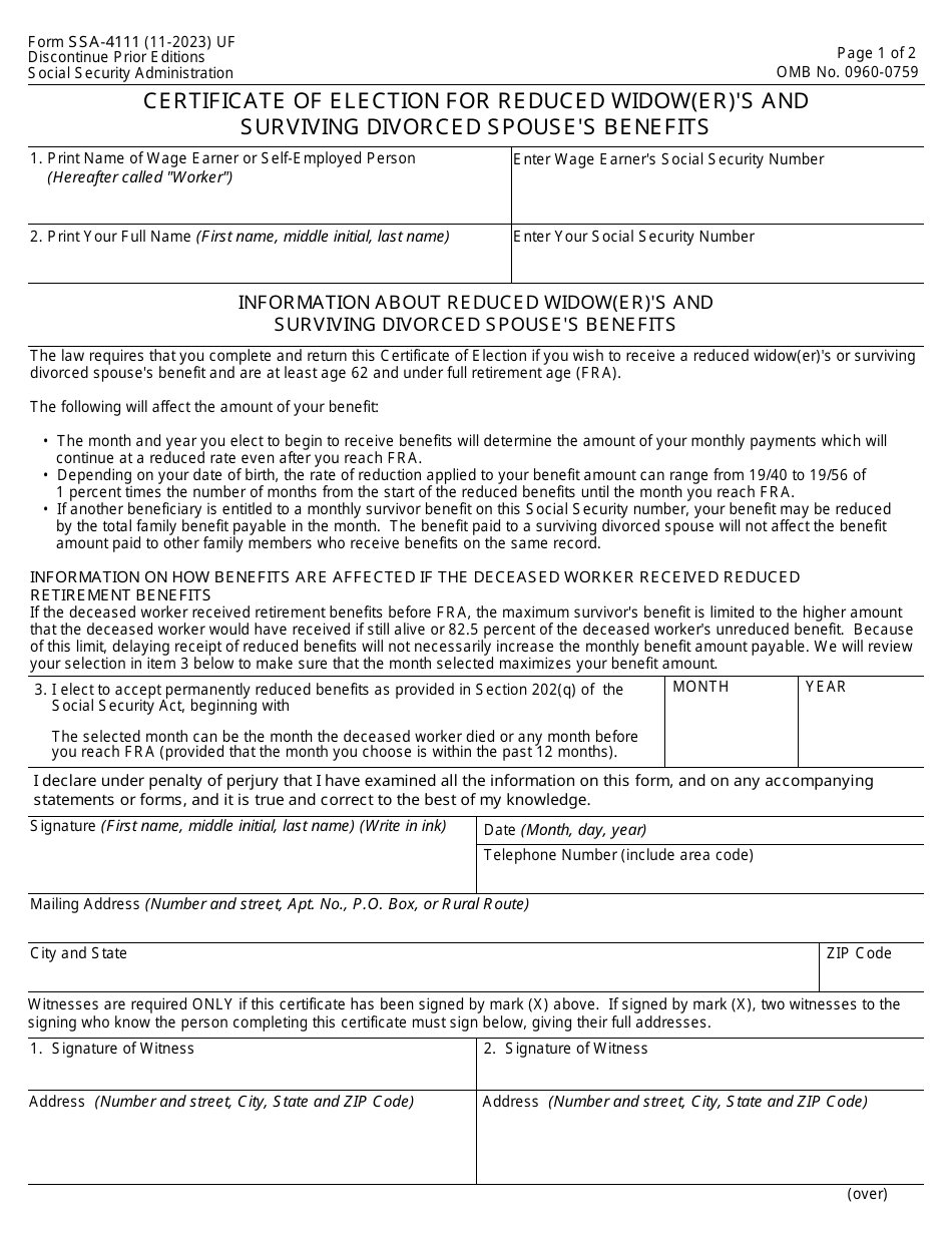 Form SSA-4111 Certificate of Election for Reduced Widow(Er)s and Surviving Divorced Spouses Benefits, Page 1