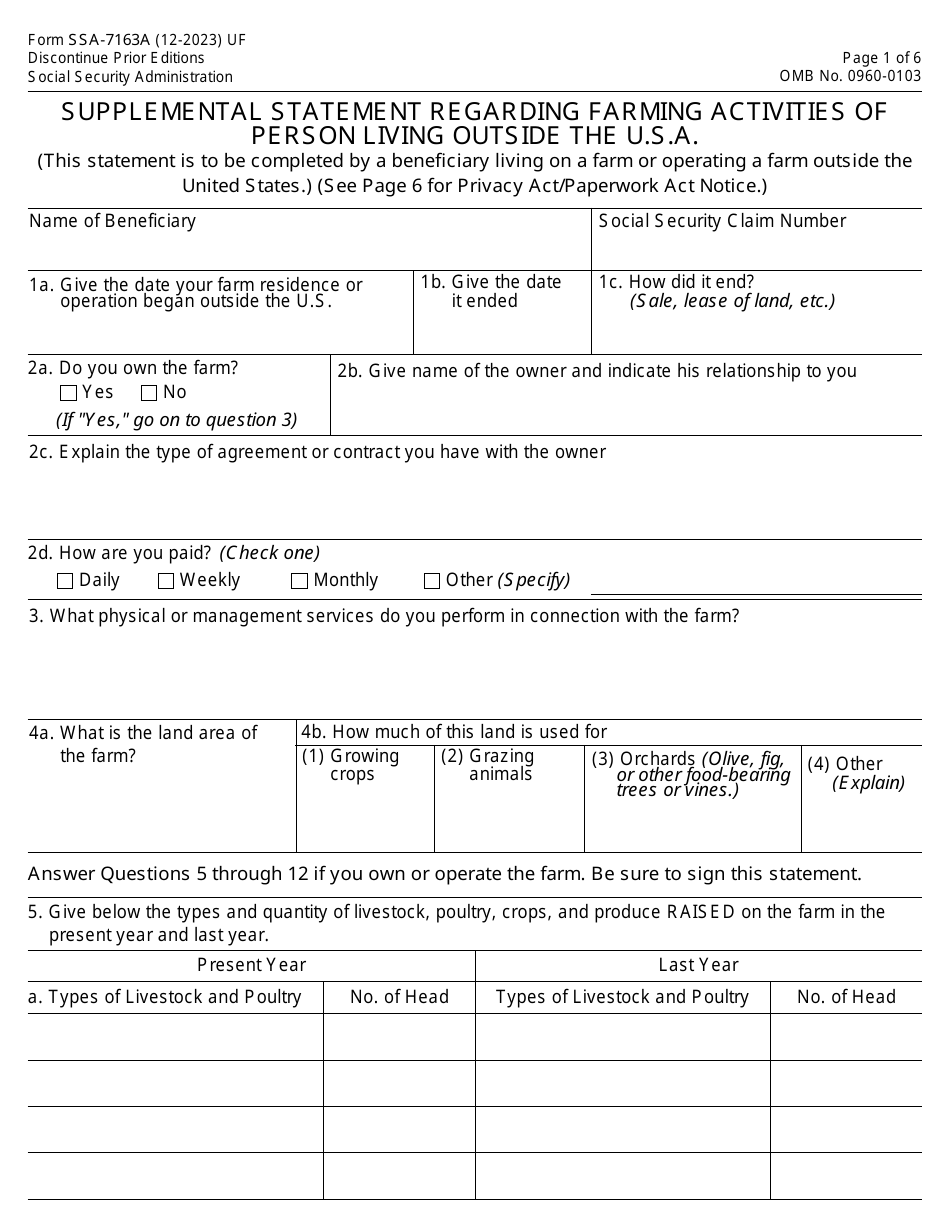 Form SSA-7163A Supplemental Statement Regarding Farming Activities of Person Living Outside the U.s.a., Page 1