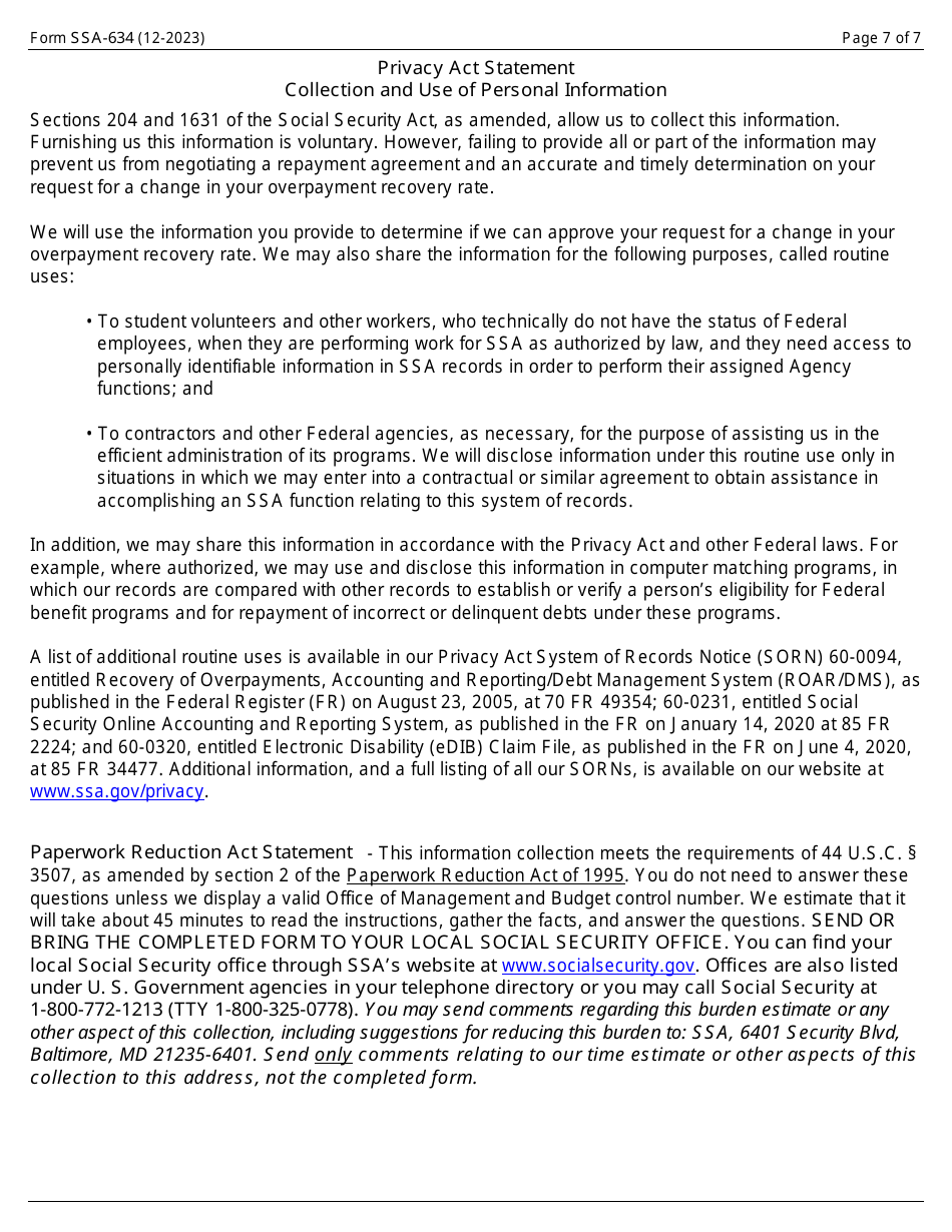 Form SSA-634 Request for Change in Overpayment Recovery Rate, Page 7