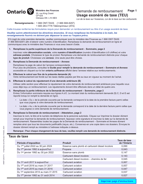 Forme 0546F Demande De Remboursement Usage Exonere De Taxe (Teu) - Ontario, Canada (French)