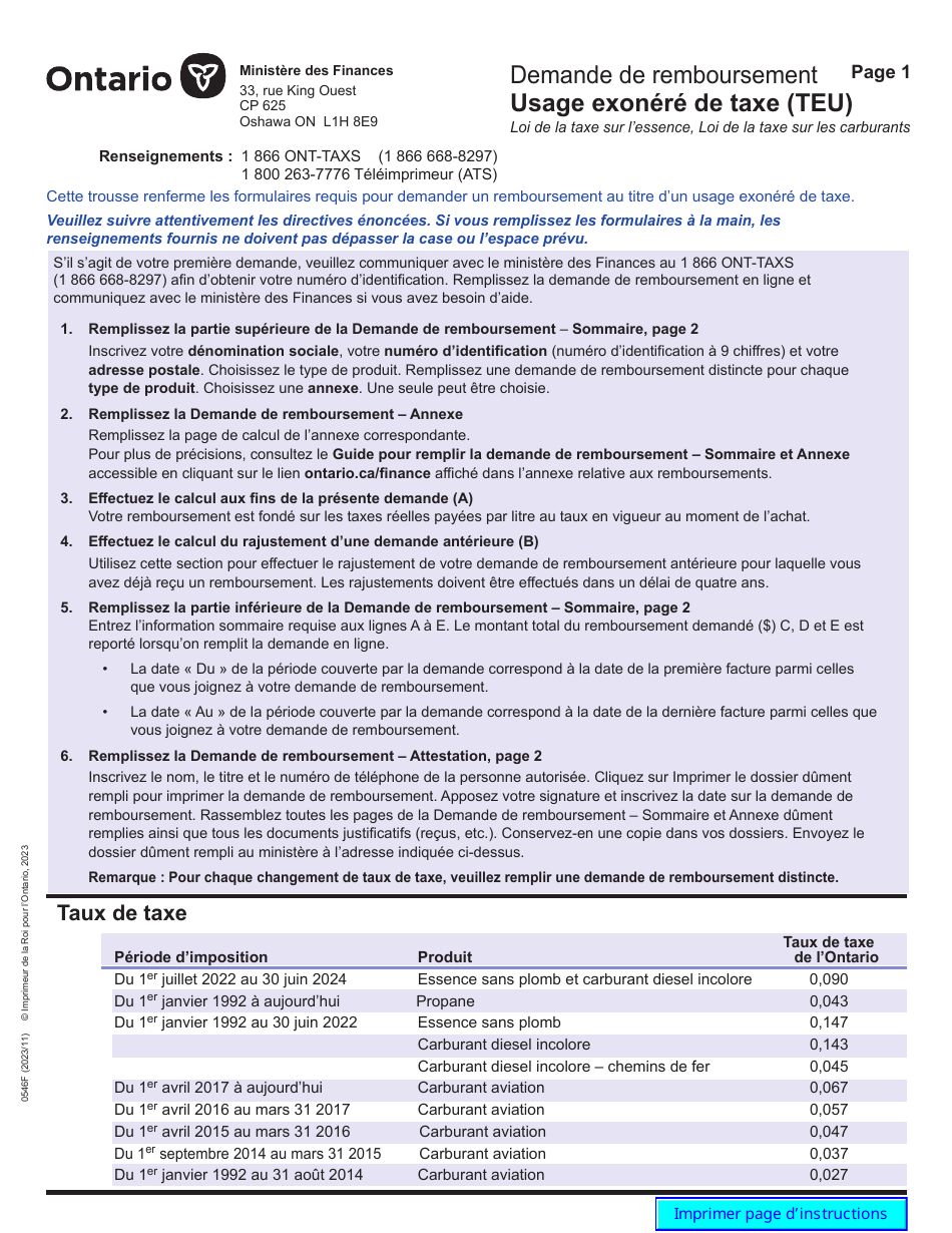 Forme 0546F Demande De Remboursement Usage Exonere De Taxe (Teu) - Ontario, Canada (French), Page 1