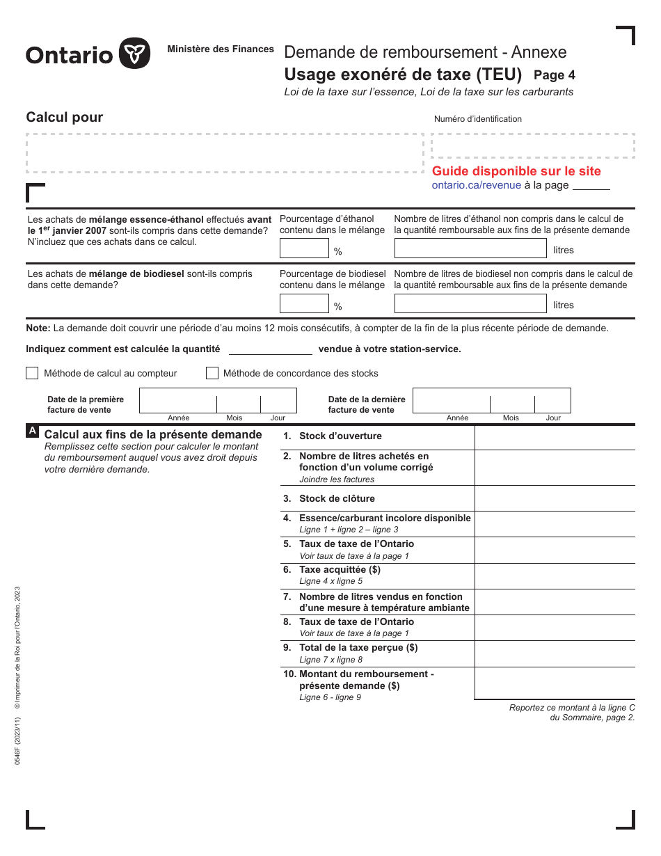 Forme 0546F Demande De Remboursement Usage Exonere De Taxe (Teu) - Ontario, Canada (French), Page 4