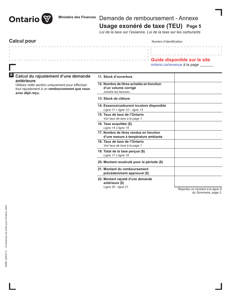 Forme 0546F Demande De Remboursement Usage Exonere De Taxe (Teu) - Ontario, Canada (French), Page 5