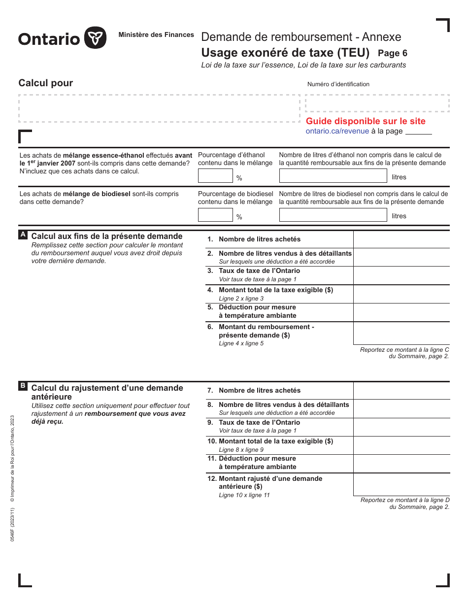 Forme 0546F Demande De Remboursement Usage Exonere De Taxe (Teu) - Ontario, Canada (French), Page 6