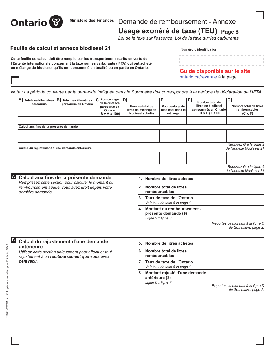 Forme 0546F Demande De Remboursement Usage Exonere De Taxe (Teu) - Ontario, Canada (French), Page 8