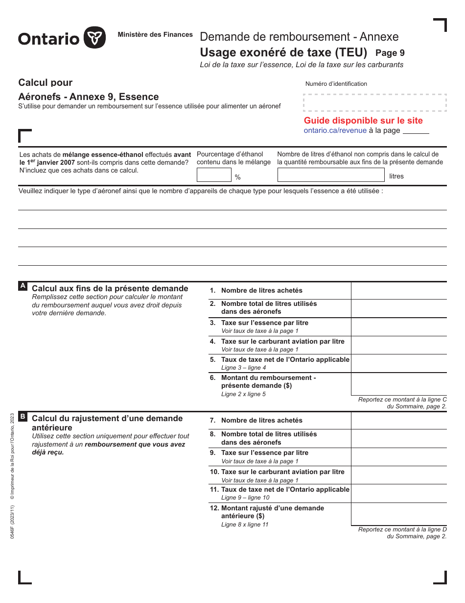 Forme 0546F Demande De Remboursement Usage Exonere De Taxe (Teu) - Ontario, Canada (French), Page 9