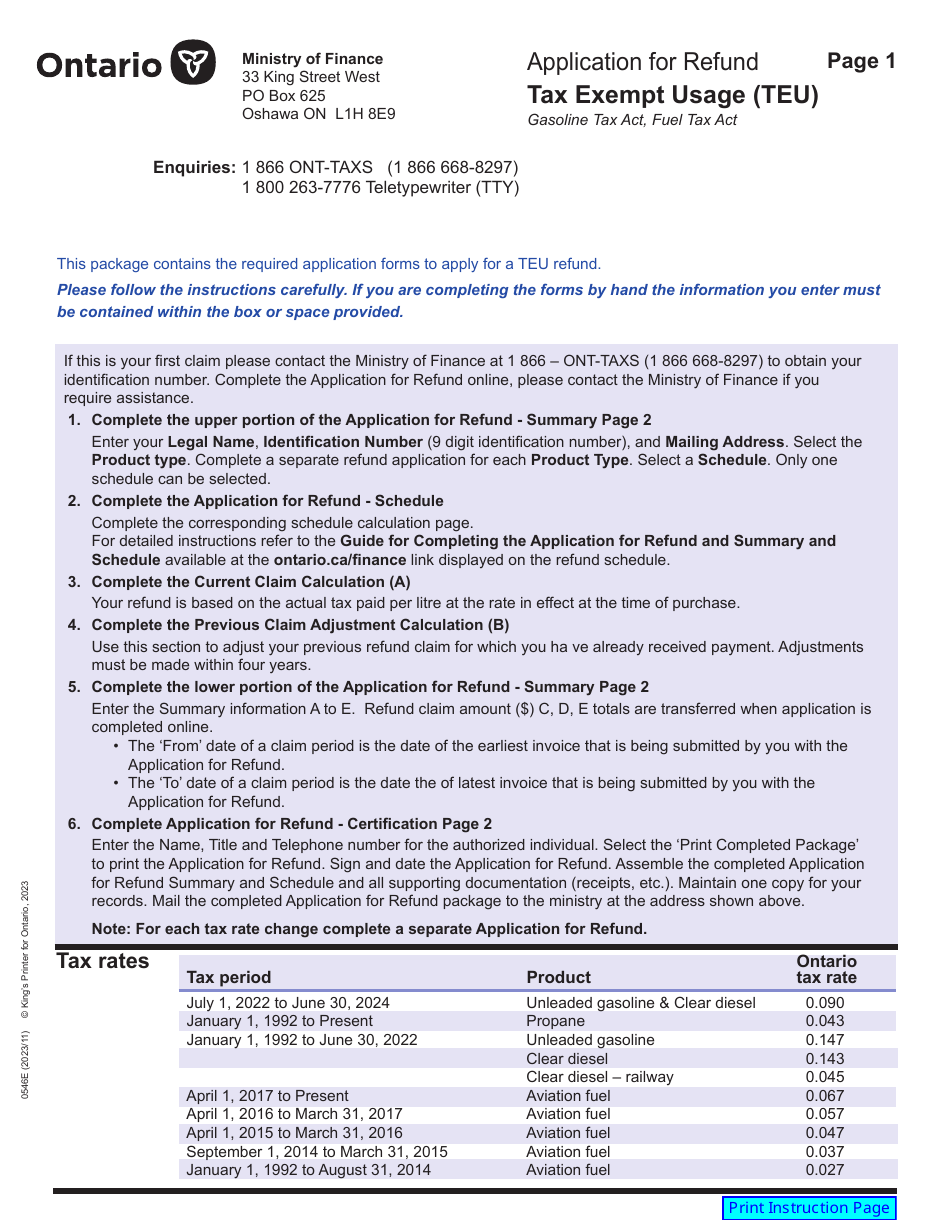 Form 0546E Application for Refund Tax Exempt Usage (Teu) - Ontario, Canada, Page 1