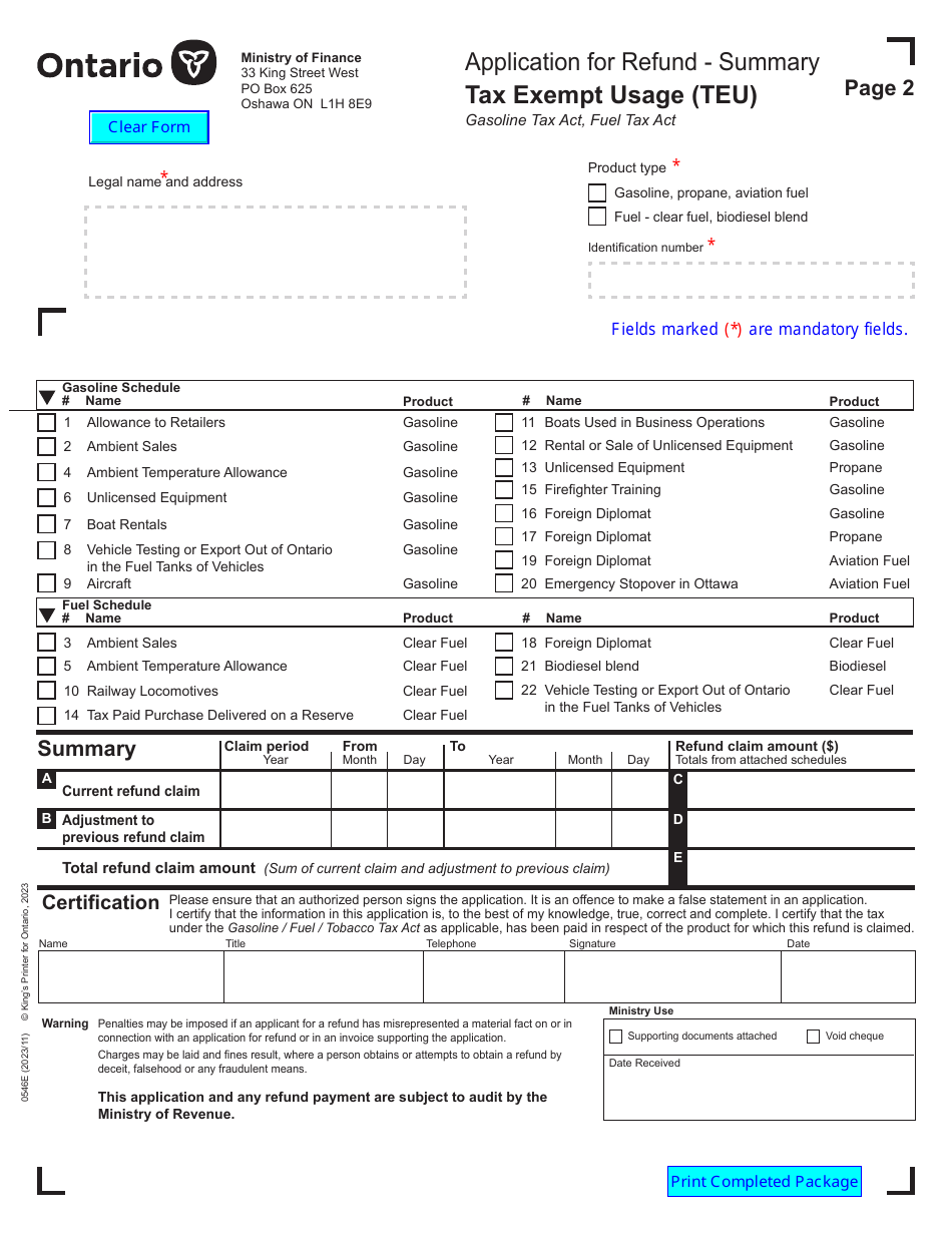 Form 0546E Application for Refund Tax Exempt Usage (Teu) - Ontario, Canada, Page 2