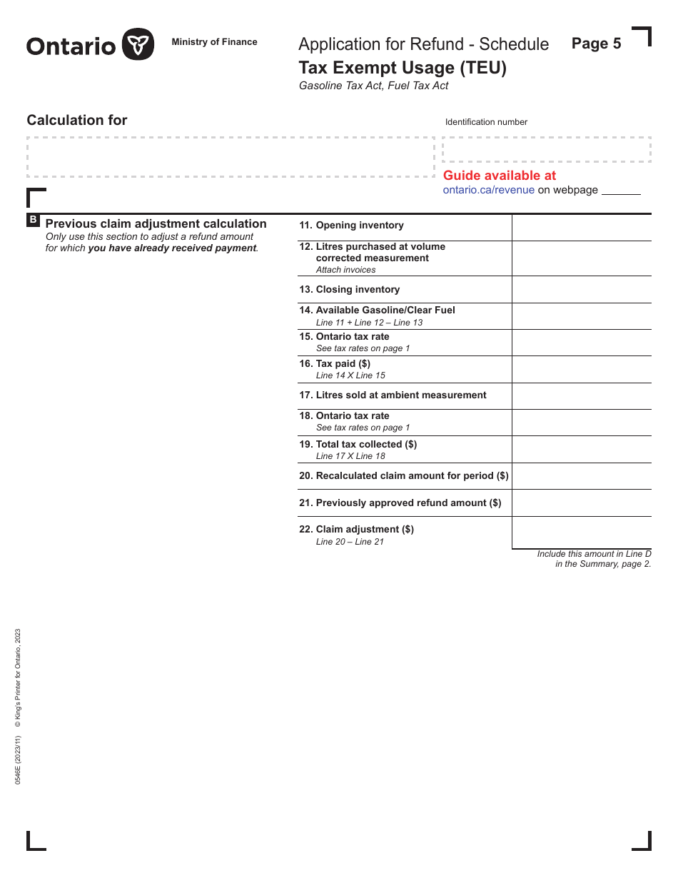 Form 0546E Application for Refund Tax Exempt Usage (Teu) - Ontario, Canada, Page 5