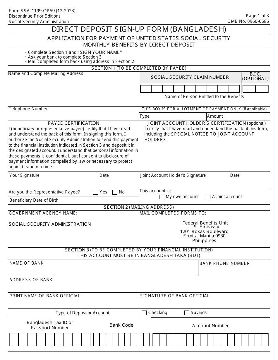 Form SSA-1199-OP59 Direct Deposit Sign-Up Form (Bangladesh), Page 1