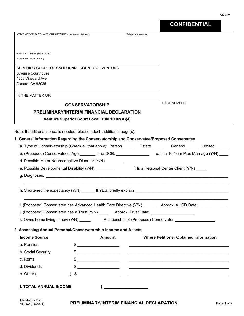 Form VN262 Conservatorship Preliminary / Interim Financial Declaration - County of Ventura, California, Page 1