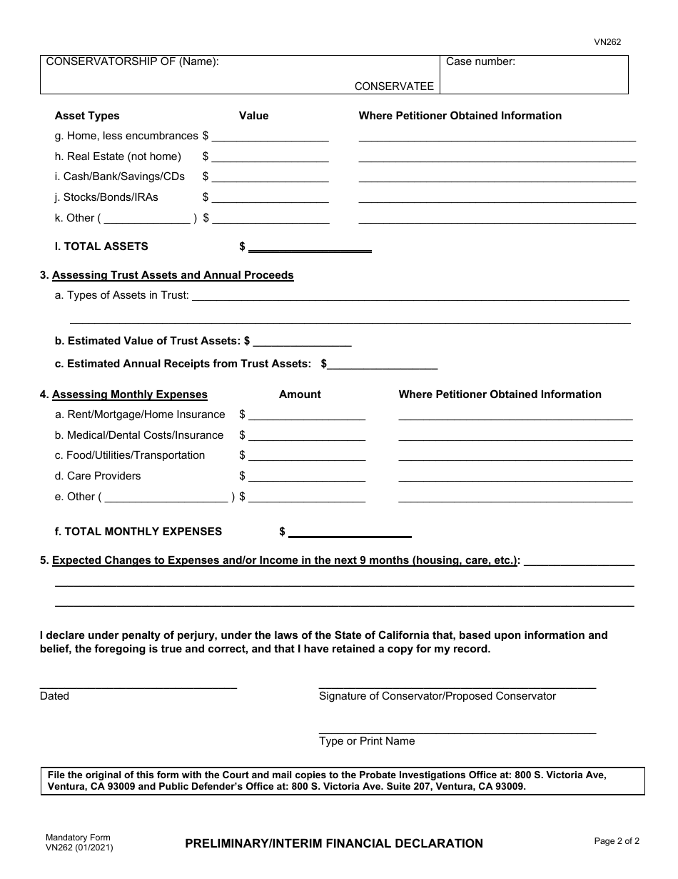 Form VN262 Conservatorship Preliminary / Interim Financial Declaration - County of Ventura, California, Page 2