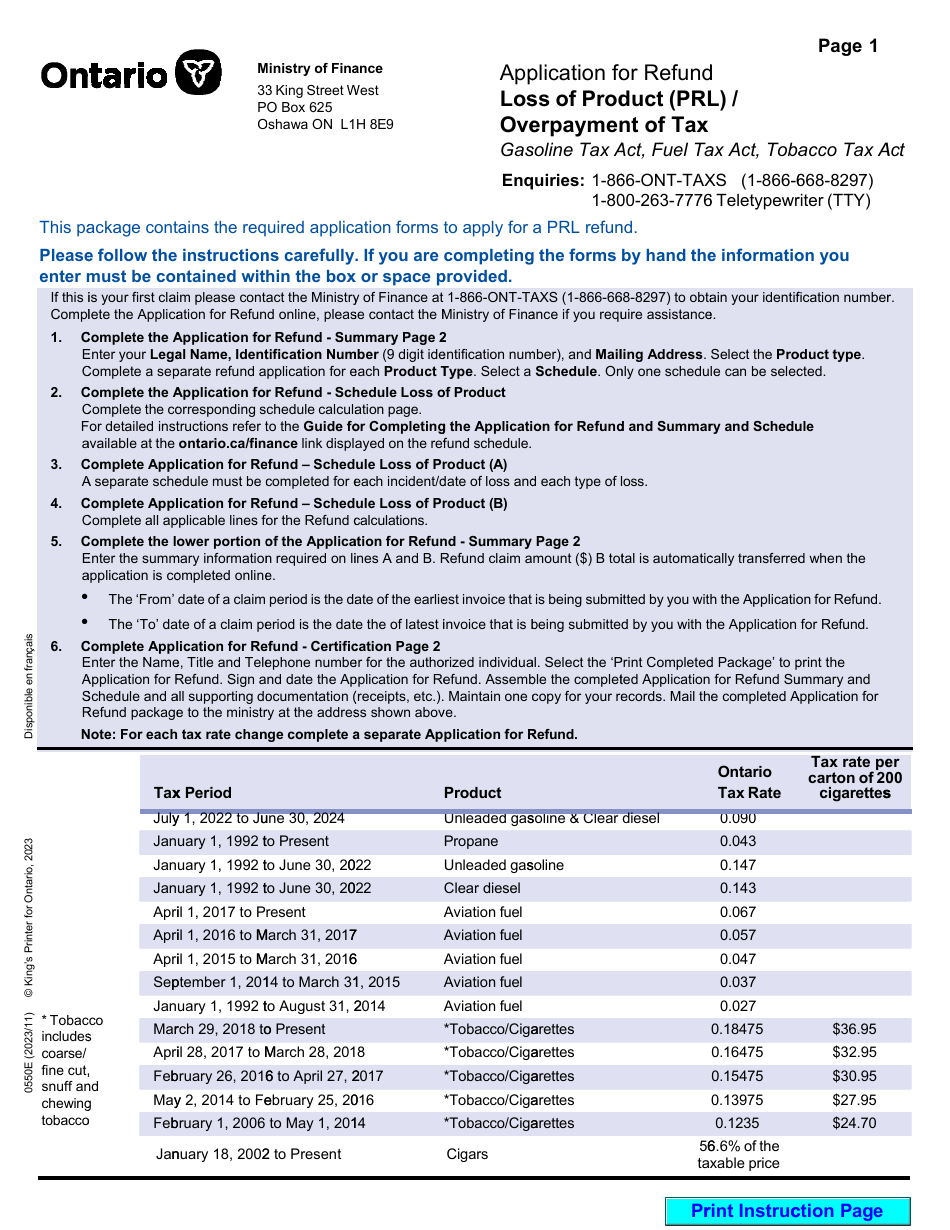 Form 0550E Application for Refund Loss of Product (Prl) / Overpayment of Tax - Ontario, Canada, Page 1