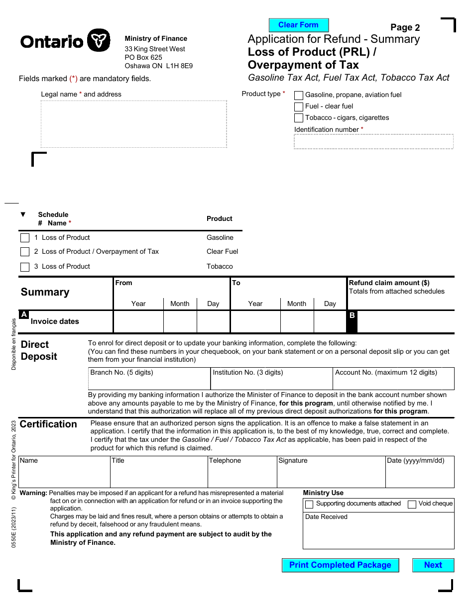 Form 0550E Application for Refund Loss of Product (Prl) / Overpayment of Tax - Ontario, Canada, Page 2