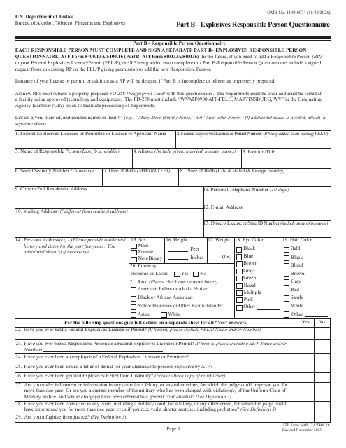ATF Form 5400.13A/5400.16 Part B Explosives Responsible Person Questionnaire