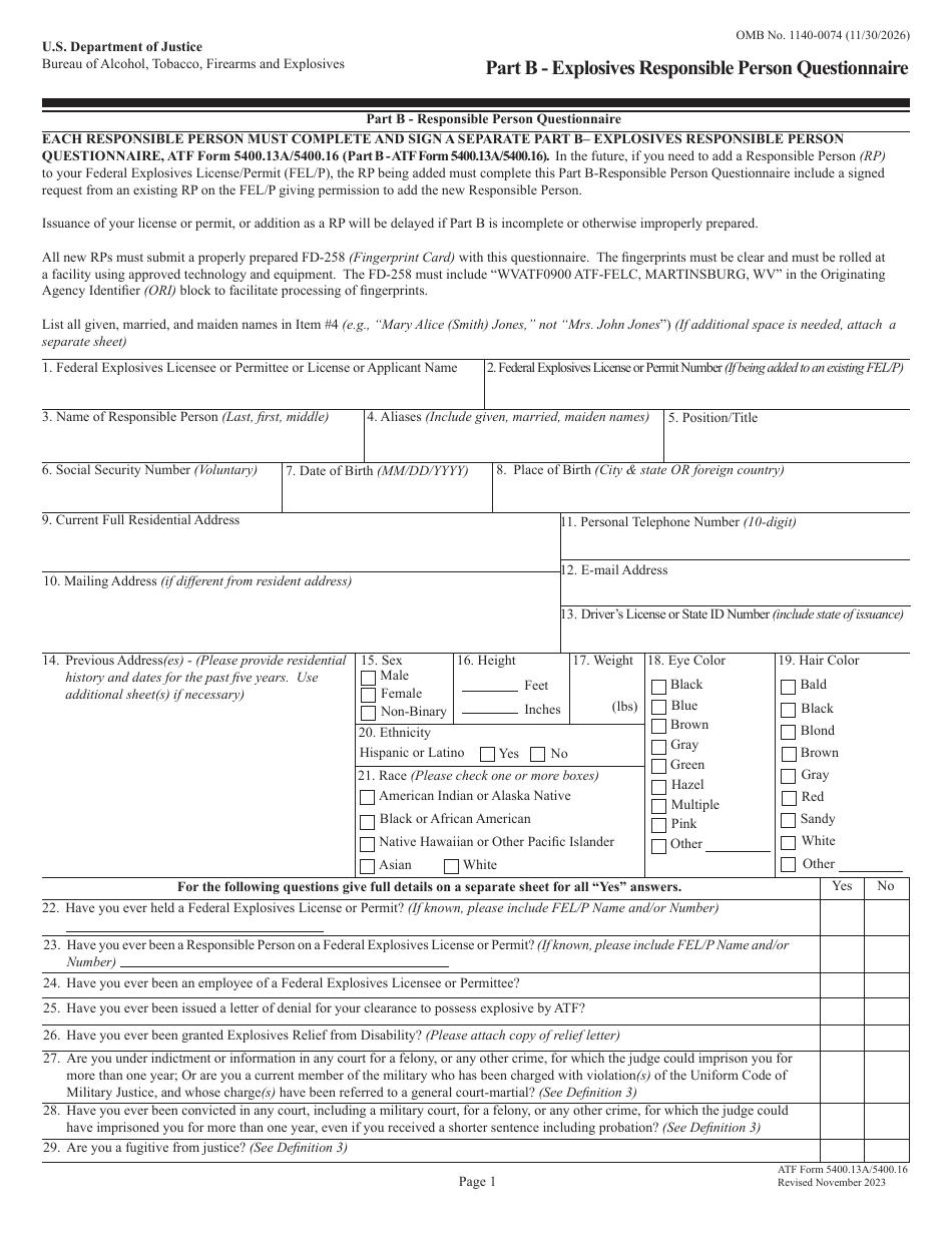ATF Form 5400.13A / 5400.16 Part B Explosives Responsible Person Questionnaire, Page 1