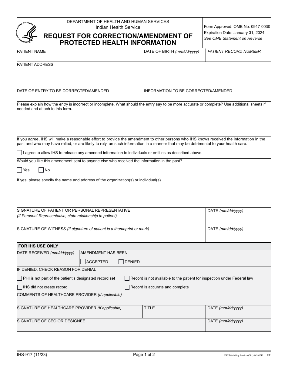Form IHS-917 Request for Correction / Amendment of Protected Health Information, Page 1