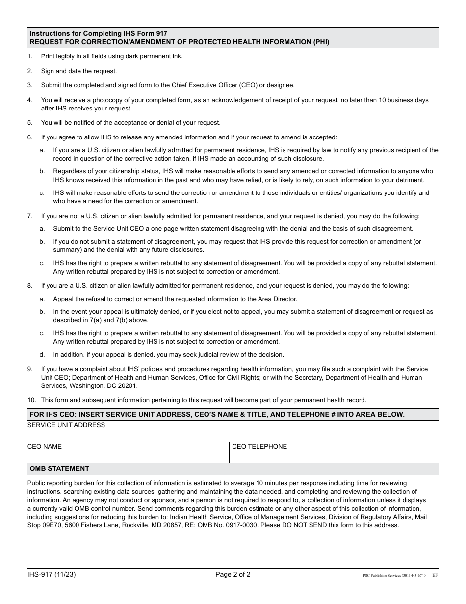 Form IHS-917 Request for Correction / Amendment of Protected Health Information, Page 2