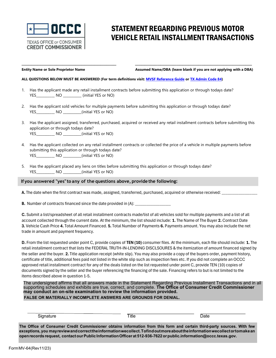Form MV-64 Statement Regarding Previous Motor Vehicle Retail Installment Transactions - Texas, Page 1