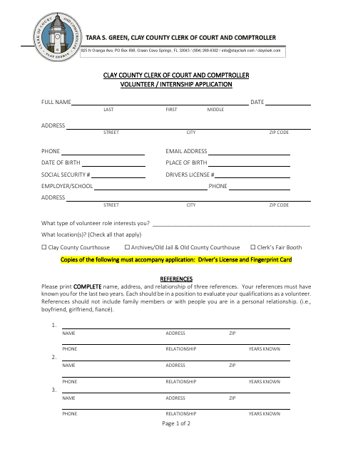 Archives Division Volunteer Application (Teens or Adults) - Clay County, Florida Download Pdf