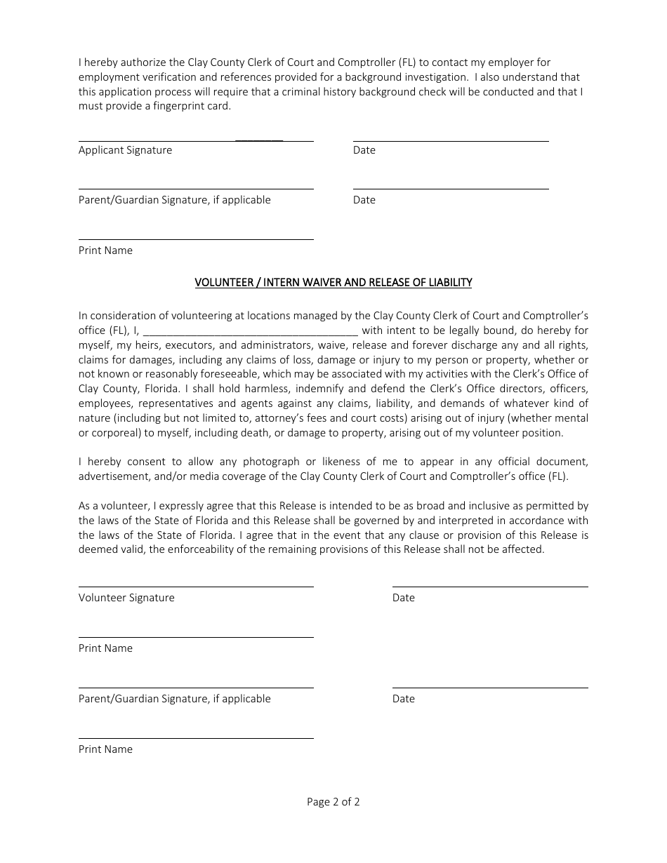 Archives Division Volunteer Application (Teens or Adults) - Clay County, Florida, Page 2