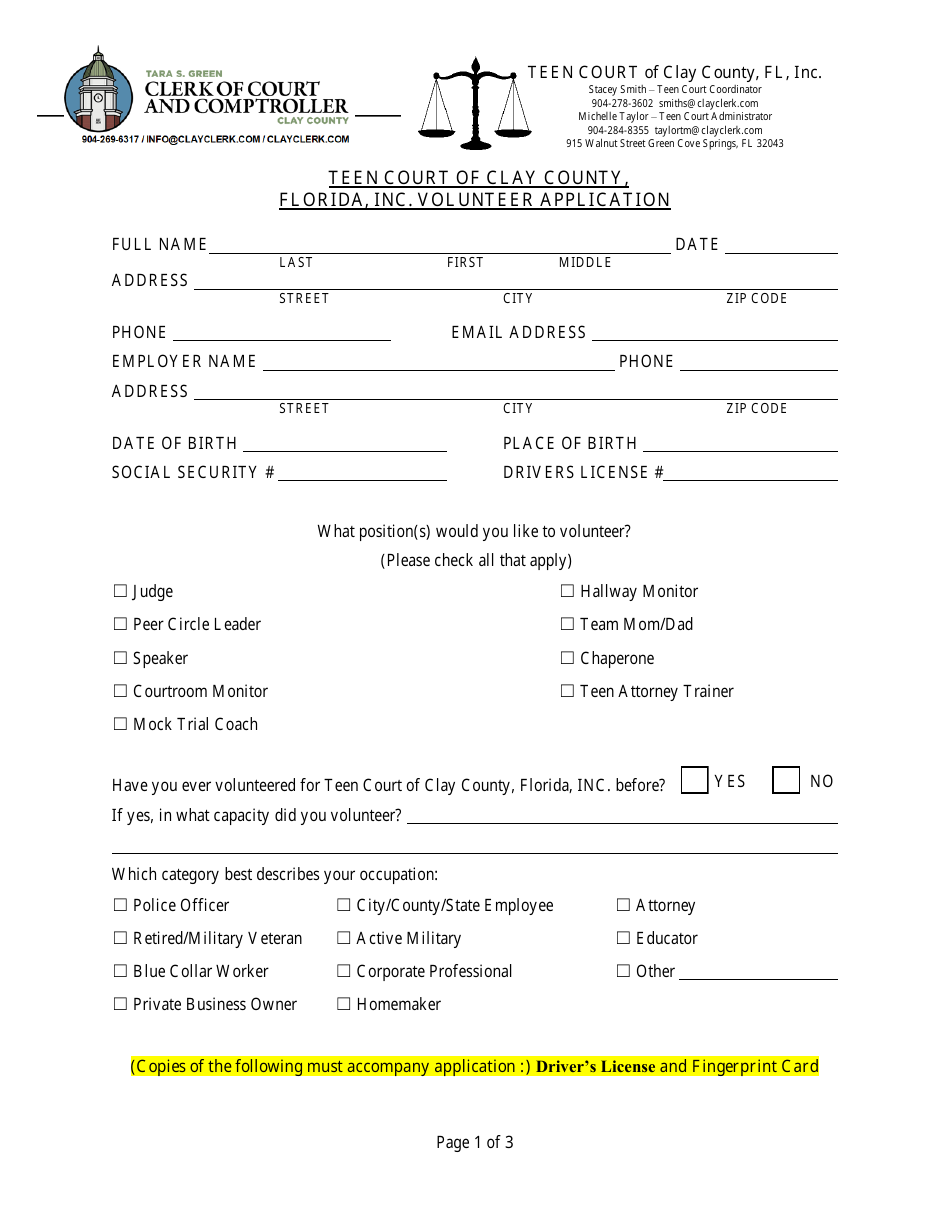 Teen Court Volunteer Information Form - for Adults - Clay County, Florida, Page 1
