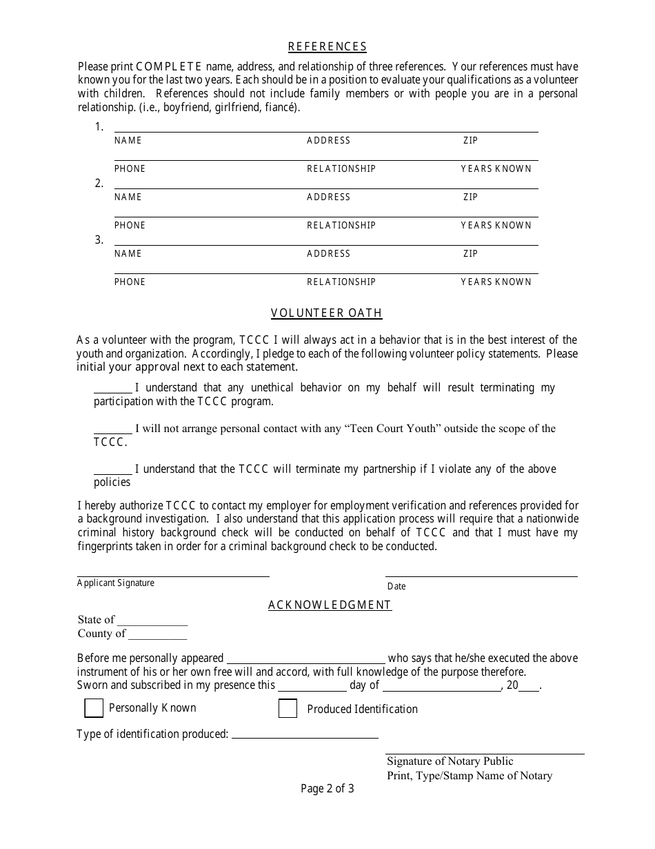 Teen Court Volunteer Information Form - for Adults - Clay County, Florida, Page 2