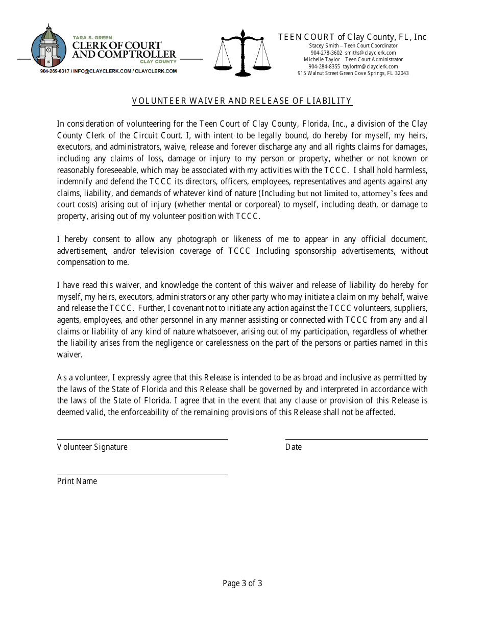 Teen Court Volunteer Information Form - for Adults - Clay County, Florida, Page 3