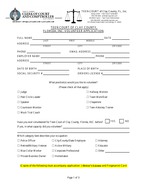 Teen Court Volunteer Information Form - for Adults - Clay County, Florida